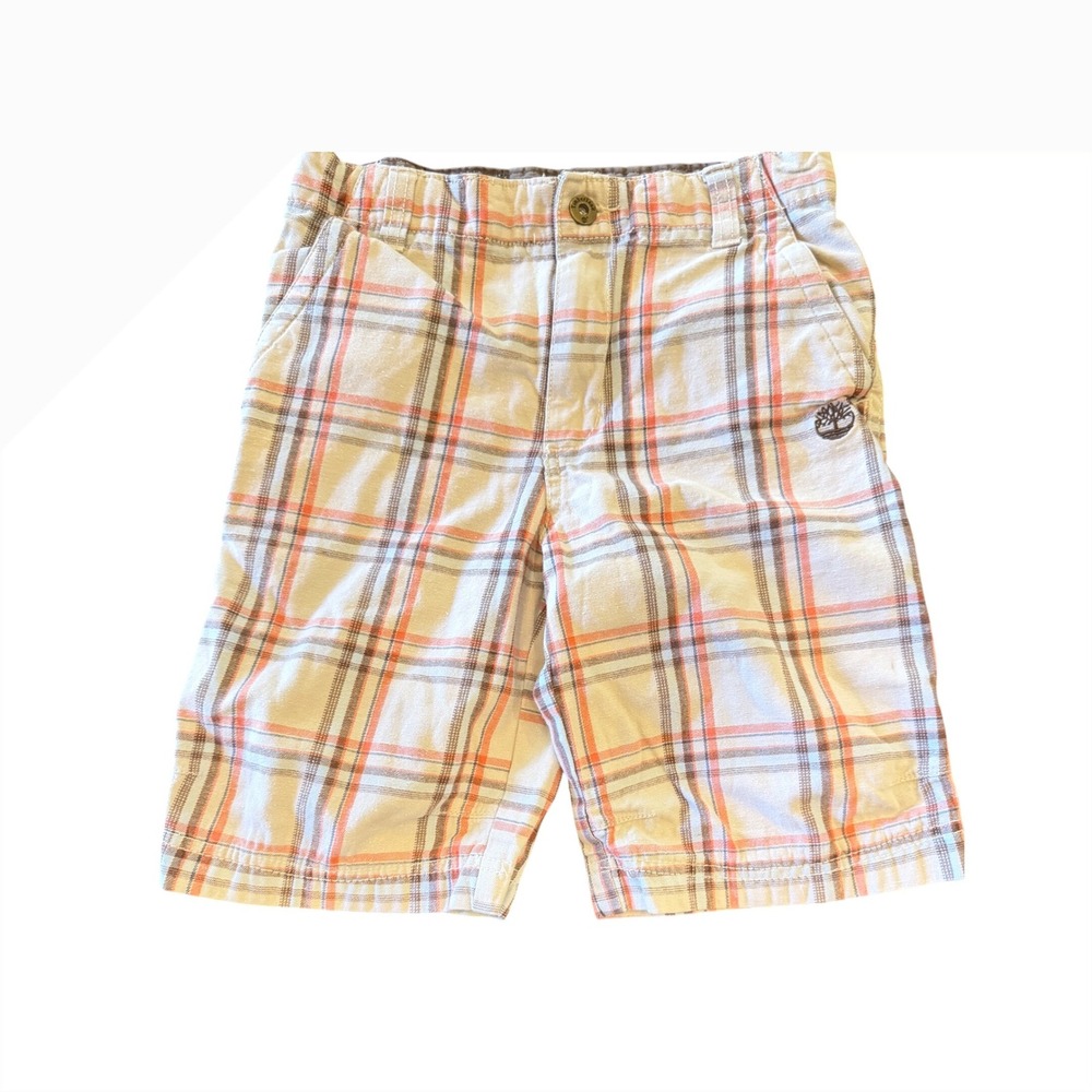 Timberland Boys Plaid Cargo Shorts Orange Brown Cream Size 7 Authentic No 10061